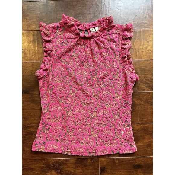 Anthropologie Dolan Pink Lace High Neck Sleeveless Sheer Top Size Small - Picture 1 of 7